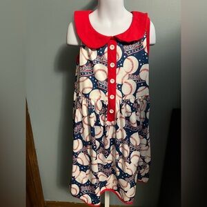 Girls Baseball Print Tank Dress with Red Collar and Faux Buttons
